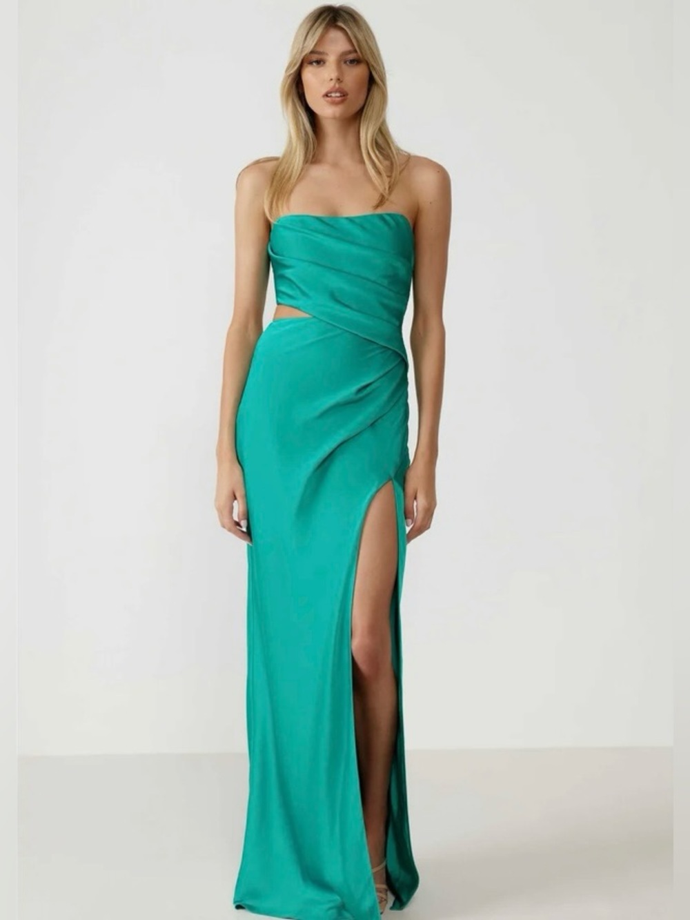 Strapless Satin Evening Gown in Teal